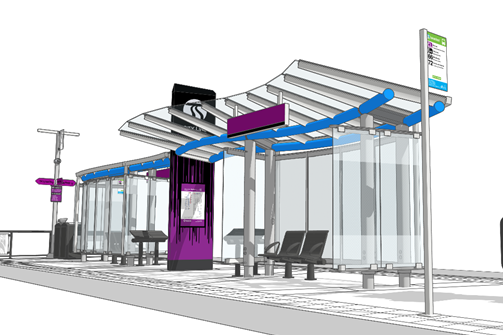3D rendering of a modern Spokane Transit bus stop with a glass and steel structure, featuring seating, digital displays, and vibrant purple accents.