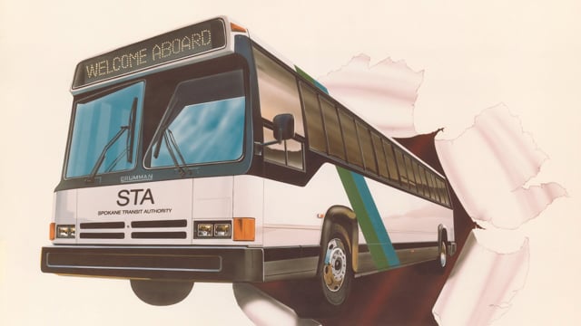 An illustration of a bus with the Spokane Transit Authority (STA) logo, appearing to burst through a paper-like wall. The bus displays "Welcome Aboard" on its front sign. The drawing is dynamic and gives a sense of motion.
