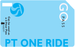 Blue Spokane Transit card labeled "pt one ride" with a wave logo and instructions reading "go pass" and "card as 2-hour pass insert.
