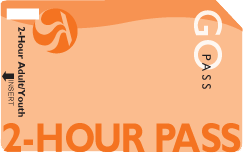 An orange 2-hour pass card with white text and grey accents, featuring a stylized wave logo in the upper left corner and "Spokane Transit go pass" written vertically along the right edge.