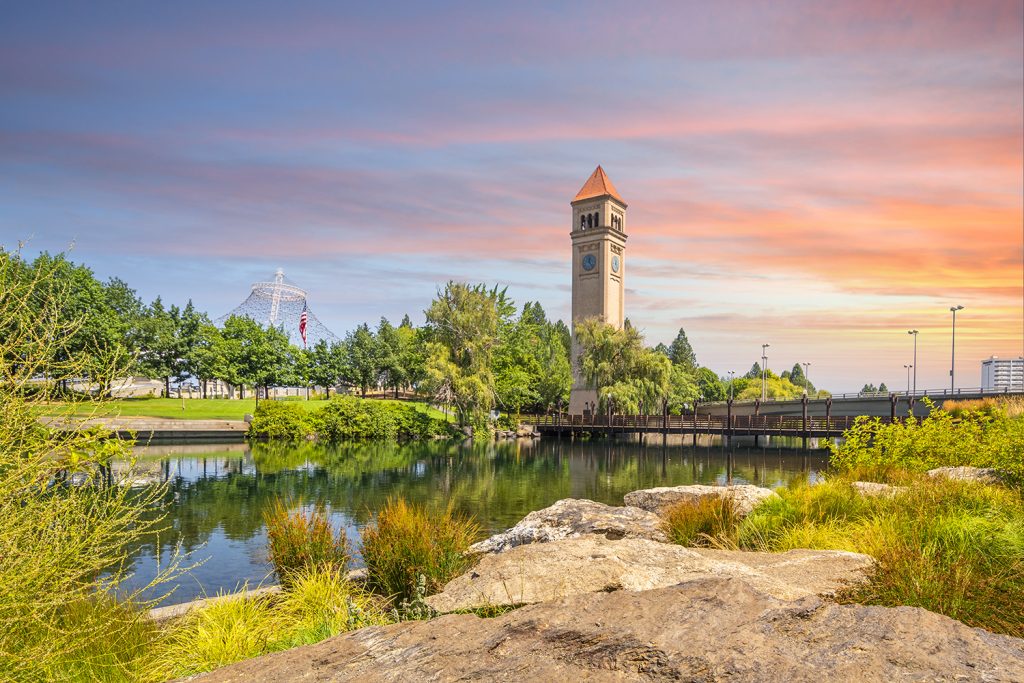 An image of the famous Spokane Clocktower in Riverfront Park at Sunrise during Summer.