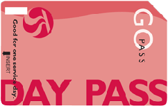 A pink Spokane Transit day pass ticket featuring a red stripe with a white swirl logo, and text that reads "good for one service day. insert.