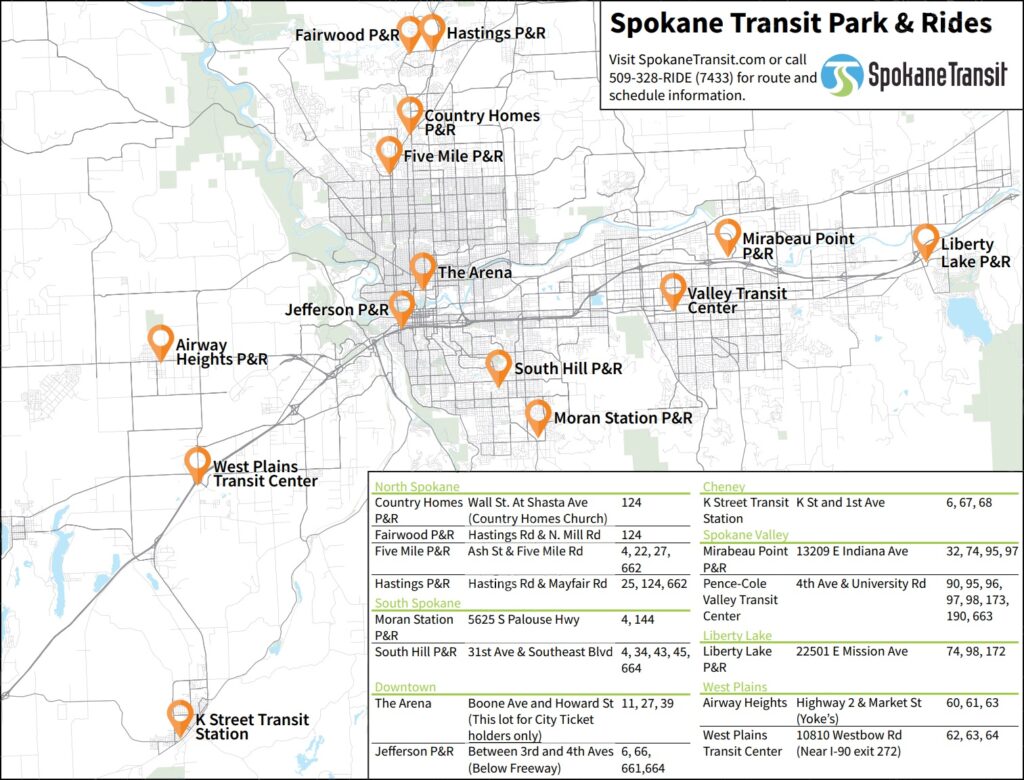 Map of Spokane, showing the location and names of various Spokane Transit park & ride sites around the city, with route connectivity and passenger statistics.