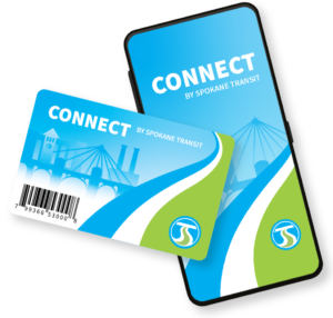 Illustration of a smartphone displaying the CONNECT by Spokane Transit app and a physical CONNECT transit card. Both show a blue and green design with white curves and feature symbolic images of Spokane landmarks. The card includes a barcode and the Spokane Transit logo.