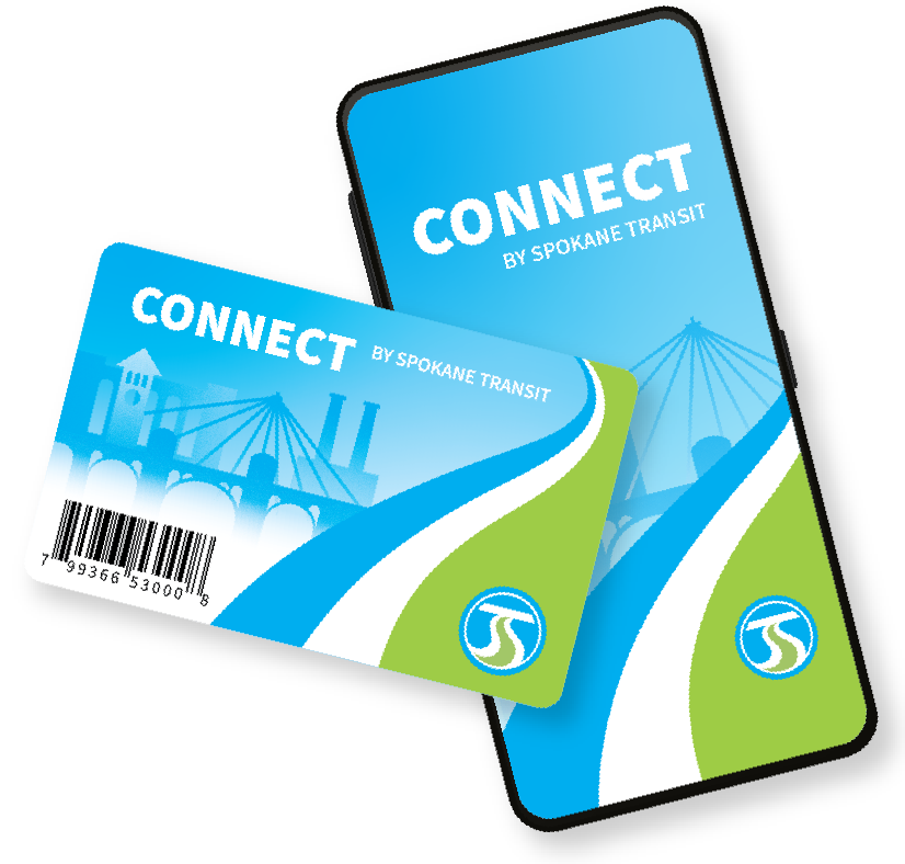 Illustration of a smartphone displaying the CONNECT by Spokane Transit app and a physical CONNECT transit card. Both show a blue and green design with white curves and feature symbolic images of Spokane landmarks. The card includes a barcode and the Spokane Transit logo.