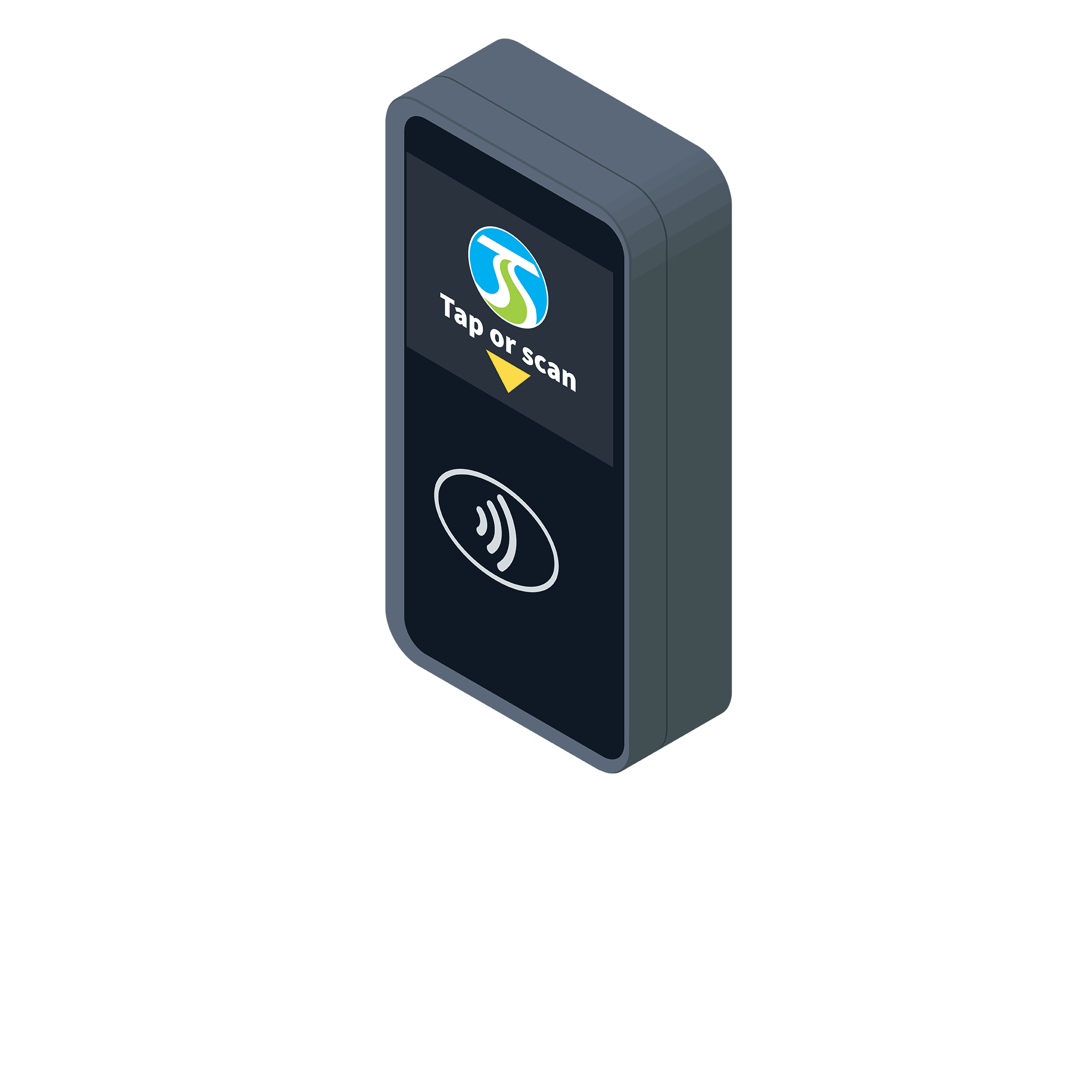 A rectangular, dark-colored contactless payment terminal is shown at an angle. The terminal features a screen displaying a blue icon with the text "Tap or scan" and a contactless payment symbol below it. The terminal is set against a transparent background.