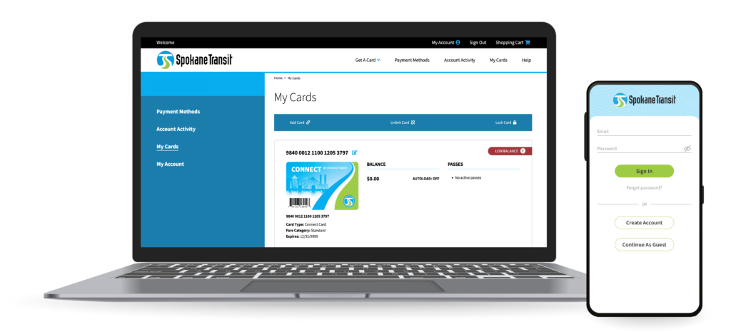 A laptop and smartphone display the Spokane Transit Authority's online portal. The laptop screen shows the "My Cards" section with card details, balance, and other options. The smartphone screen shows the login page for signing in to the same portal.