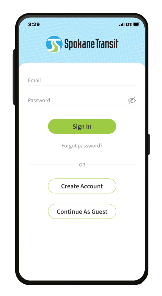 A smartphone screen displays the Spokane Transit app login page. The page includes fields for email and password, a "Sign In" button, a "Forgot password?" link, and options to either "Create Account" or "Continue As Guest.