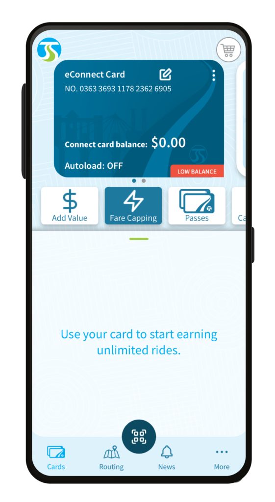 A smartphone displaying a digital wallet app. The screen shows a blue eConnect Card with a balance of $0.00 and Autoload set to OFF. Options for adding value, fare capping, and passes are available. A message reads, "Use your card to start earning unlimited rides.