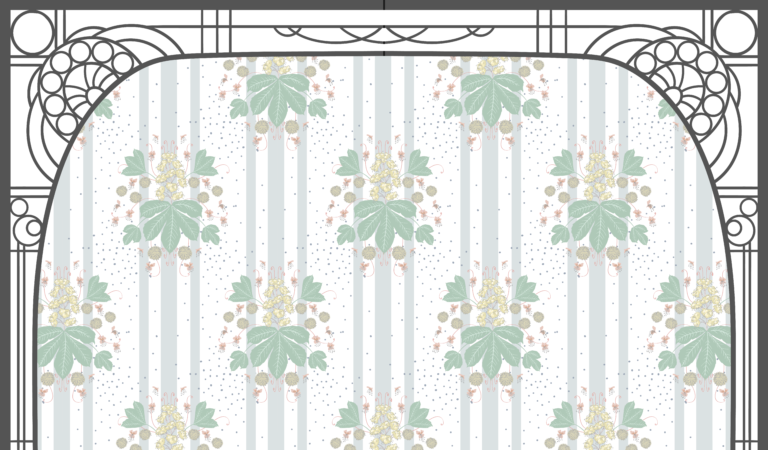 A rectangular fabric or wallpaper design features vertical stripes with delicate floral arrangements of green, pink, yellow, and beige flowers. The outer edges are bordered by an ornate black pattern with circular and semi-circular motifs.