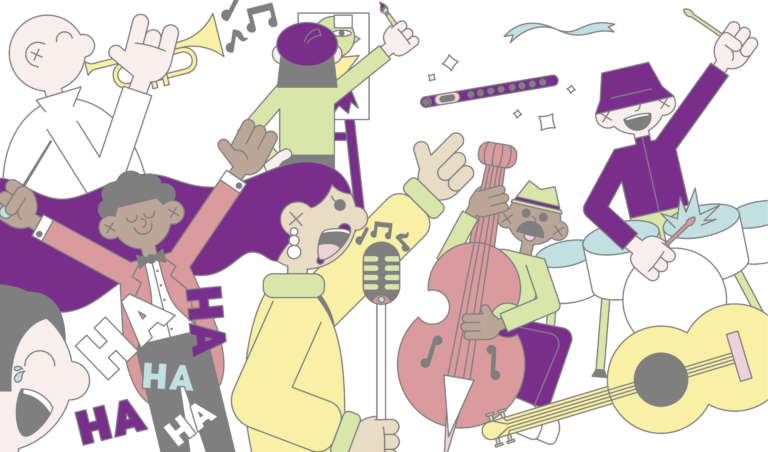 Illustration of a lively music scene featuring animated characters playing various instruments including trumpet, guitar, drums, double bass, and flute. Some characters are singing and laughing, creating a festive and joyful atmosphere.