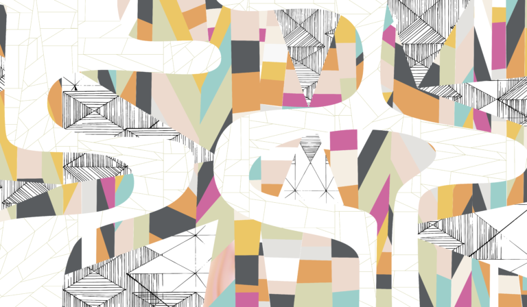 A vibrant abstract composition featuring a mix of geometric shapes and organic forms. The design includes colorful triangles and polygons in shades of orange, yellow, green, pink, blue, and black. Black and white line patterns overlay the colorful background.
