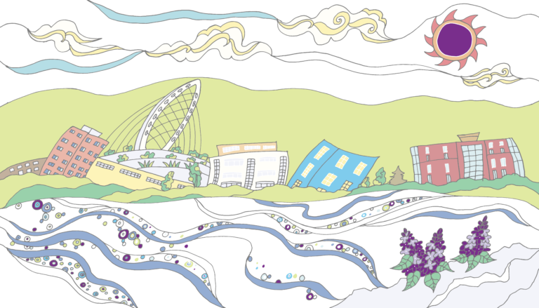 A whimsical, colorful cityscape features leaning buildings, a bridge, and a ferris wheel under a sky with swirling clouds and a purple sun. Flowing abstract patterns decorate the ground, and purple flowers grow in the foreground.