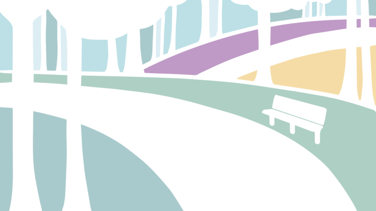 Abstract illustration of a tranquil park scene featuring a white bench on a pathway surrounded by trees and gentle hills. The pastel color palette includes shades of blue, purple, and yellow, creating a calming and serene atmosphere.
