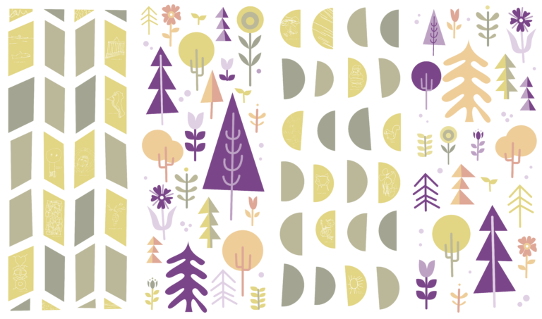A whimsical, abstract illustration featuring various geometric shapes and patterns. The left side has a column of hexagons in beige and grey hues. The rest of the image includes stylized trees, moons, and flowers in shades of purple, yellow, pink, and grey.
