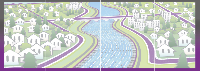Illustration of a river flowing through a town. On both sides of the river, there are numerous houses, trees, and buildings. A bridge spans the river in the middle of the image. Roads and paths wind through the town, surrounding the river.
