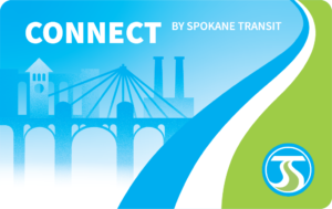 A digital card design with the text "CONNECT BY SPOKANE TRANSIT" at the top. The background shows abstract images of bridges and buildings. The bottom right corner features the STA Paratransit Fare logo with stylized "ST" letters. The dominant colors are blue and green.