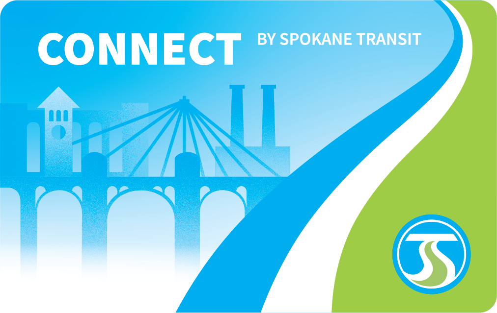 A digital card design with the text "CONNECT BY SPOKANE TRANSIT" at the top. The background shows abstract images of bridges and buildings. The bottom right corner features the STA Paratransit Fare logo with stylized "ST" letters. The dominant colors are blue and green.