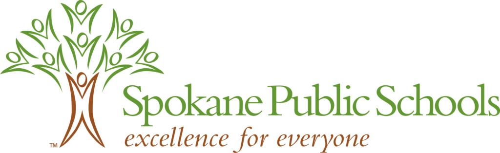 Logo of Spokane Public Schools. The design features a stylized tree with green human figures as leaves and a brown figure as the trunk. The text "Spokane Public Schools" is in green, followed by the tagline "excellence for everyone" in brown.
