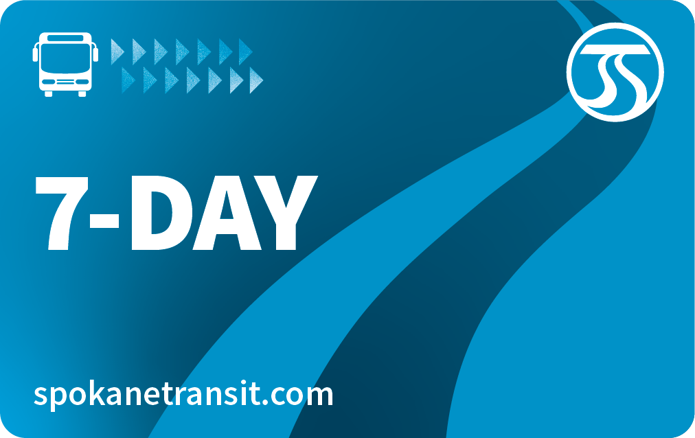 A blue transit pass card displaying a bus icon, multiple triangular arrows, and the text "7-DAY." The Spokane Transit logo is in the top right corner, and the website "spokanetransit.com" is at the bottom. A curved blue path extends across the card, part of the STA Community Access Program.