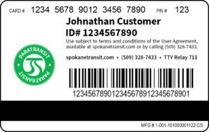 An identification card features the name "Johnathan Customer" with ID# 1234567890 and card number 1234 5678 9012 3456 7890, issued by Spokane Transit. It includes a logo, barcode, contact information: spokanetransit.com, (509) 328-7433, TTY Relay 711, and specifies it as an