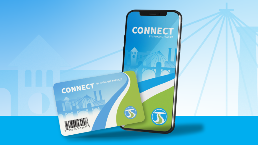A digital illustration featuring a smartphone and an RFID card, both displaying the "CONNECT" by Spokane Transit logo. The images on the screen and card show a blue and green design with abstract city landmarks. A barcode is visible on the card.
