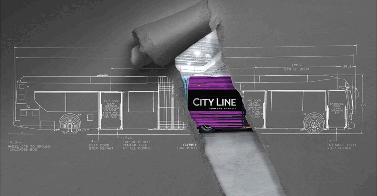 A torn paper effect reveals a colorful City Line bus from Spokane Transit emerging from a background of technical blueprints, highlighting the striking contrast between the white blueprint lines on a gray backdrop and the vibrant bus colors.