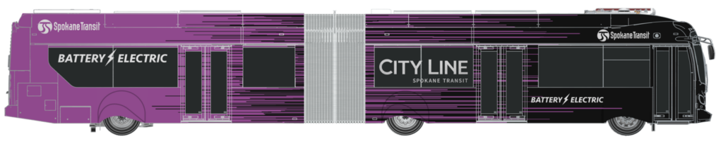 A side view of a long, articulated electric bus from Spokane Transit. The bus has a purple and black design with "CITY LINE" written prominently in white on the central section, and "BATTERY ELECTRIC" displayed on both the front and rear sections.