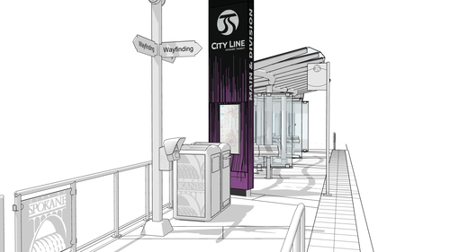 A grayscale illustration of a modern bus stop with a "City Line" sign prominently displayed and wayfinding signs indicating directions. The shelter features a bench and transparent side panels. A trash bin with "Spokane" written on it adds to the urban setting.