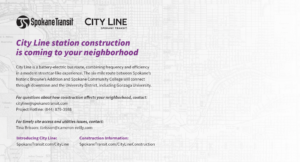 A Spokane Transit informational flyer announces the construction of the City Line, a battery-electric bus route, emphasizing its benefits. Contact information for construction questions and issues is provided, along with relevant URLs for City Line updates and information.