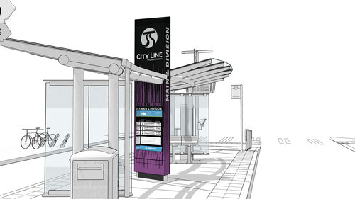 A conceptual rendering of a modern bus stop features a covered waiting area, bike rack, and trash can. A vertical sign prominently displays the "City Line" schedules. The design includes clean lines, glass panels, and streets in the background.