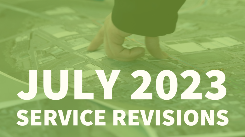 A hand pointing at a map overlaid with a semi-transparent green filter and the text "Spokane Transit July 2023 service revisions" in bold white letters.