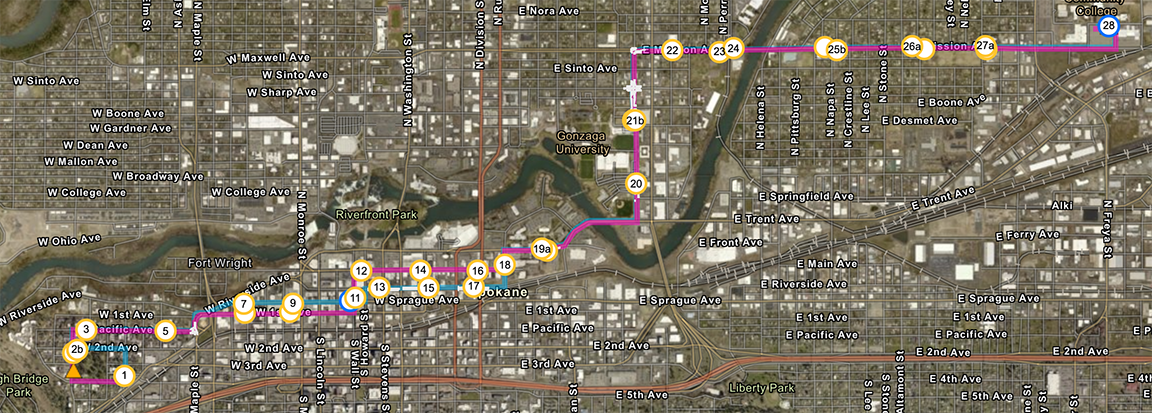 A detailed map displays a City Line bus route through a city. The route is marked in pink, running from the left side of the map to the right, with numbered bus stops along the way. The map features streets, rivers, and various landmarks for reference.