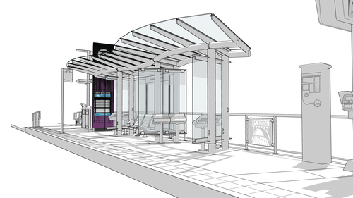 A detailed architectural rendering of a modern City Line bus or tram stop with a transparent, curved roof canopy. The stop includes seating areas, a digital information board, and a ticket machine. The overall design is sleek and contemporary with ample space for passengers.