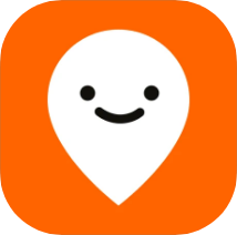 An orange square icon featuring a white map marker with a smiley face in the center.
