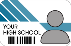 A stylized high school ID card with diagonal blue stripes in the top left corner, the text "YOUR HIGH SCHOOL" below the stripes, a barcode at the bottom, and a gray silhouette representing a person on the right side.