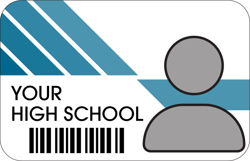 A stylized high school ID card with diagonal blue stripes in the top left corner, the text "YOUR HIGH SCHOOL" below the stripes, a barcode at the bottom, and a gray silhouette representing a person on the right side.
