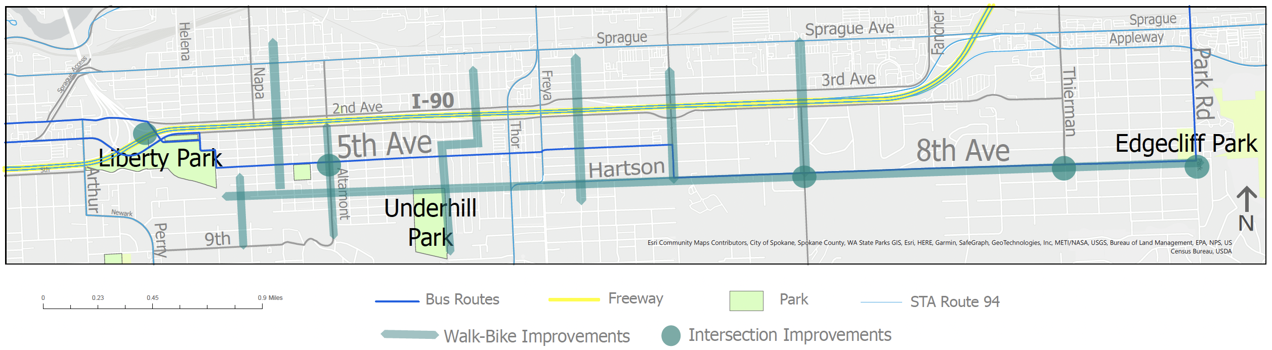 Map of the Liberty to Edgecliff Improvements for Accessibility (LEIA) program, showing multimodal upgrades along STA Route 94 from Liberty Park to Edgecliff Park via 5th and 8th Avenues near I-90. Highlights include walk-bike improvements, intersection upgrades, and connections to Liberty, Underhill, and Edgecliff Parks.