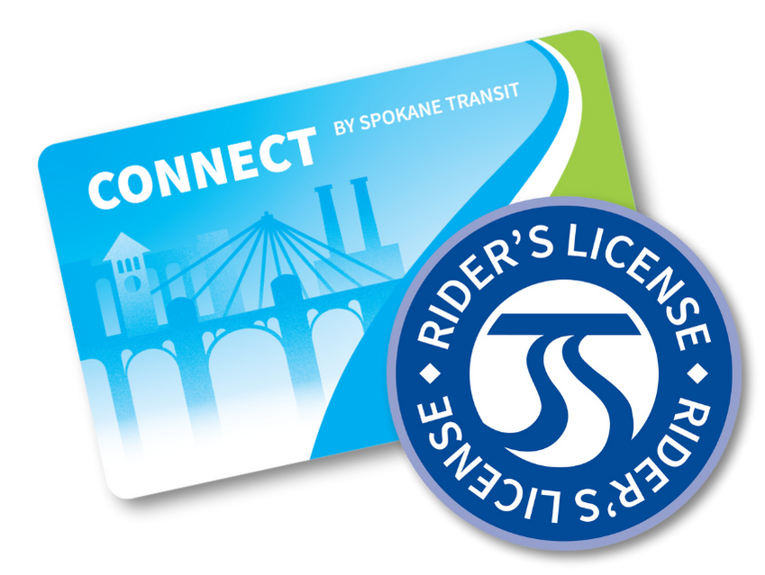 An image shows a Spokane Transit Rider's License card. The card is blue and white with a partial cityscape and bridge design, labeled "Connect by Spokane Transit." Next to the card is a circular blue emblem with "Rider's License" and the Spokane Transit logo in the center, highlighting Zero Fare for Youth.