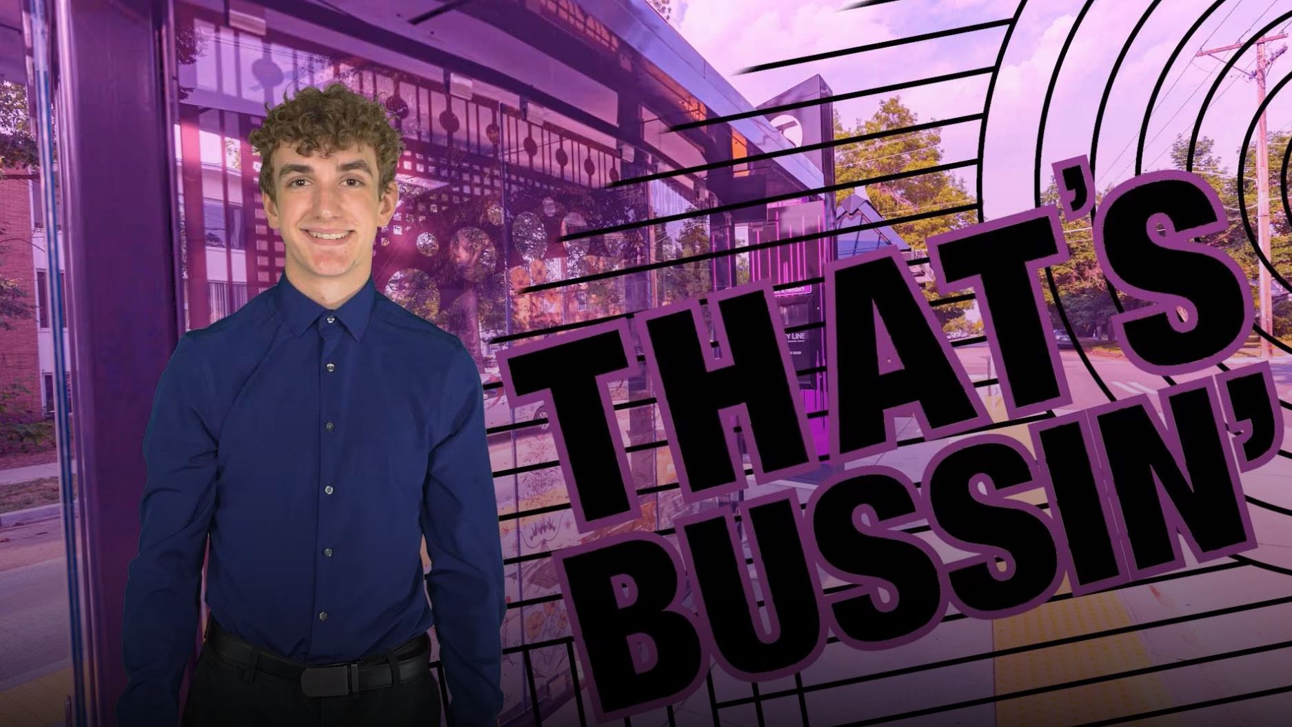 A young man with curly hair, wearing a dark blue dress shirt, stands smiling in front of a colorful background featuring a building and trees. The large text to his right reads "THAT'S BUSSIN'." The background has a purple hue and a striped pattern, highlighting the new Zero Fare for Youth program.