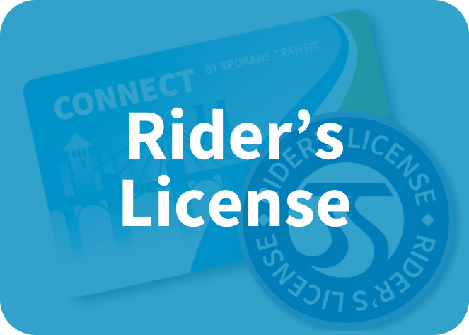 An image showing a transit card with the label "CONNECT by Spokane Transit" partially overlaid by a circular logo that reads "Rider's License." The background is a blue gradient, with the text "Rider's License" prominently displayed in white in the center, promoting Zero Fare for Youth.