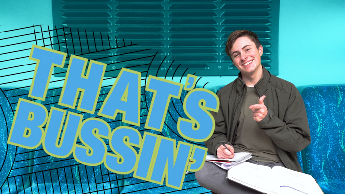 A smiling young person sits on a blue cushioned seat holding a notebook and pen, making a finger-gun gesture with one hand. The bold text "THAT'S BUSSIN'" in light blue letters, outlined in yellow, overlays the left side of the image with a comic-style background.