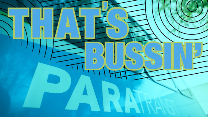 A vibrant image features bold, large text in blue and yellow that reads, "THAT'S BUSSIN'." Below the text, there is a partially visible word "PARATRANSIT" in white, set against a blue background with a design of concentric circles and lines.