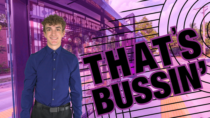 A smiling young person with curly hair wearing a navy blue shirt stands on a train station platform. Behind them, there's a purple-toned background with the words "THAT'S BUSSIN'" in bold black letters, partially obscured by graphical elements.
