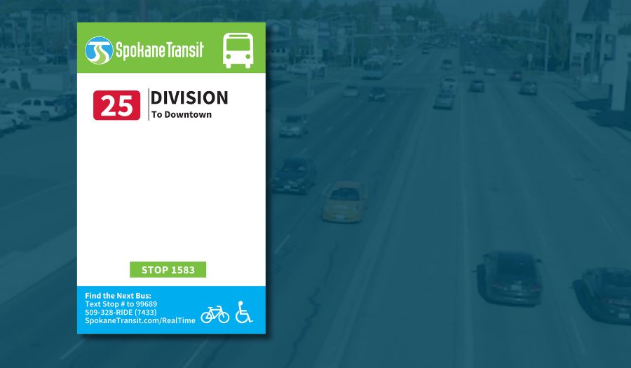 Image of and STA Route 25/Division Street bus stop flag with Division Street & Wellesley intersection faded in the background.