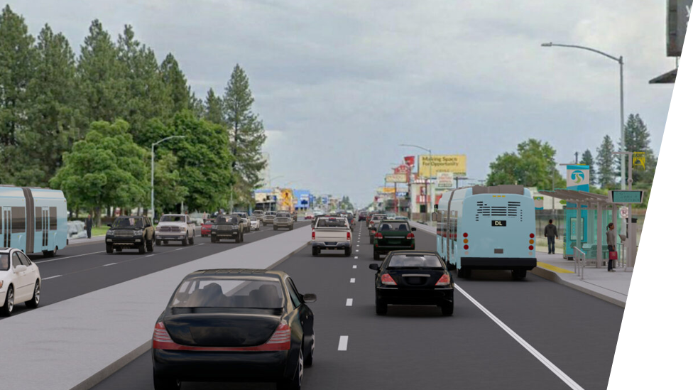 A digital rendering of a busy urban street showing multiple lanes of traffic, including cars and Spokane Transit buses, with tree-lined sidewalks and commercial signage in the background.