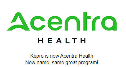 Acentra Health logo with text below stating, "Kepro is now Acentra Health. New name, same great program!" Discover more resources for sta employees.