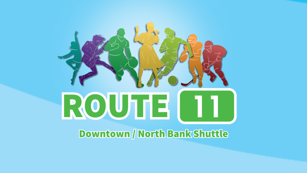 Illustration of diverse athletes above text: "ROUTE 11 Downtown / North Bank Shuttle" on a light blue background.