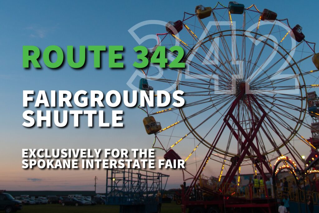 Ferris wheel at sunset with text reading "Route 342 Fairgrounds Shuttle" for the Spokane Interstate Fair.