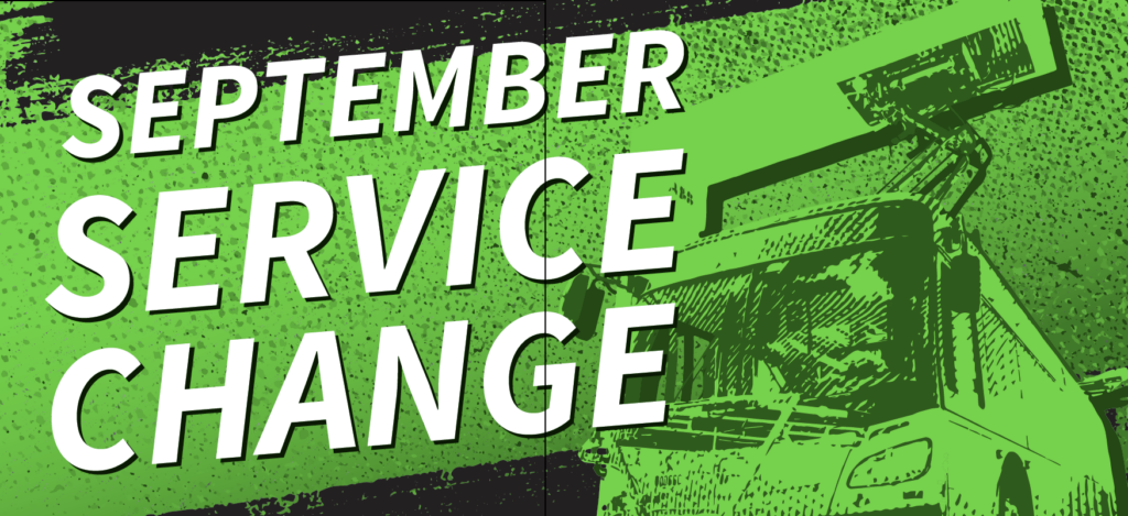 Green and white graphic with text 'September STA Service Changes' next to an illustrated bus.